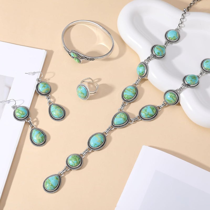JMScape 4 PCS Western Turquoise Jewelry for Women Boho Vintage Navajo Pearl Necklace Earring Bracelet Ring Set Country Cowgirl Accessories for Gift - Image 3